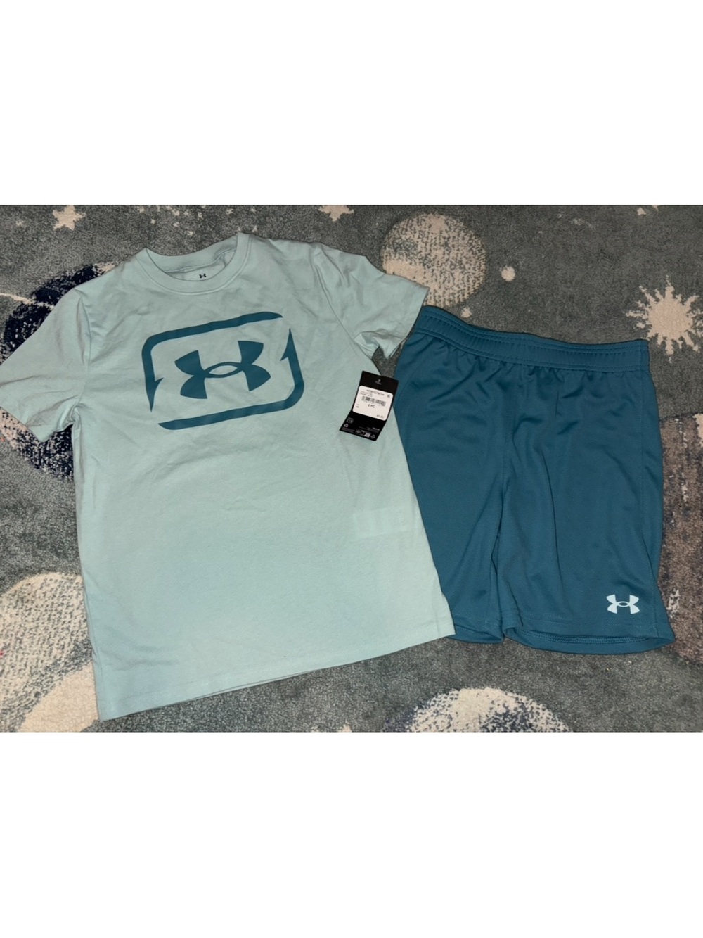 Under Armour Boys Light Blue Logo Tee & Teal Performance Shorts Set